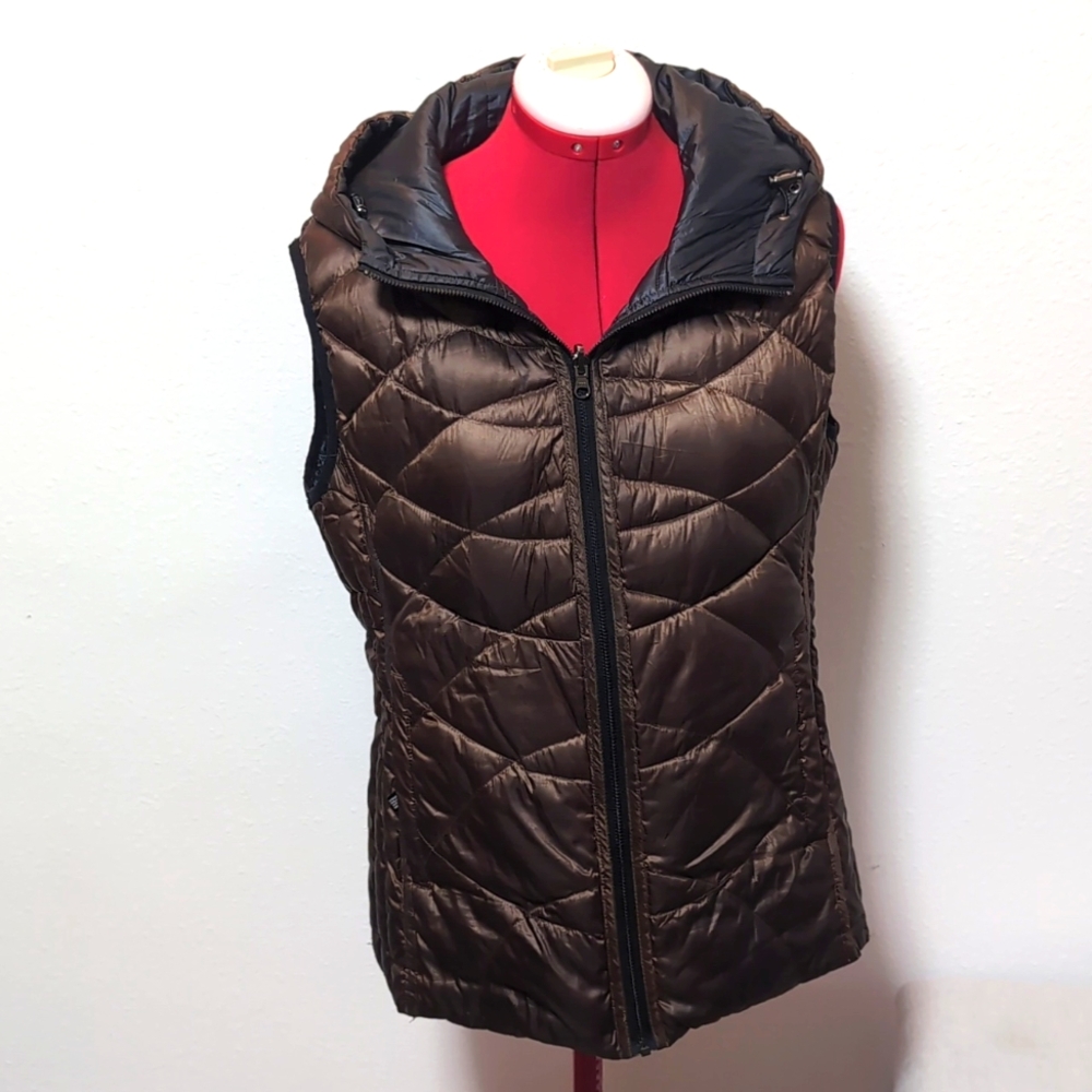 Bernardo Reversible Black Brown Puffer Vest Women's Large Zip Pockets And Hood